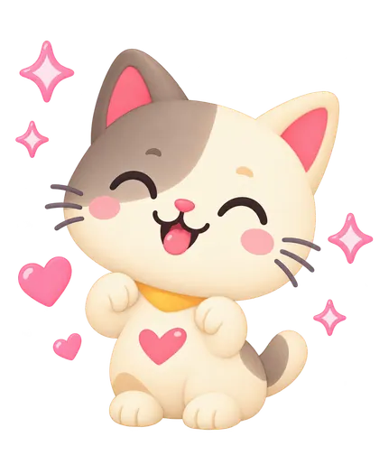 Happy cat surrounded by pink hearts and sparkles