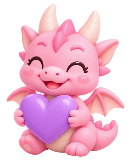 Pink dragon holding a purple heart